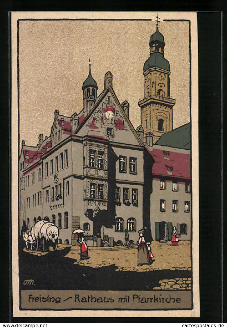 Steindruck-AK Freising, Rathaus Mit Pfarrkirche  - Autres & Non Classés