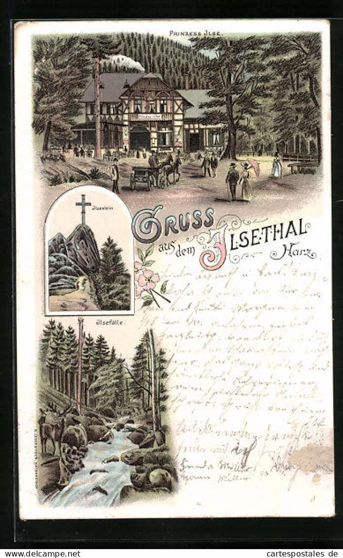 Lithographie Ilsenburg /Harz, Gasthof Prinzess Ilse, Ilsestein, Ilsefälle  - Ilsenburg