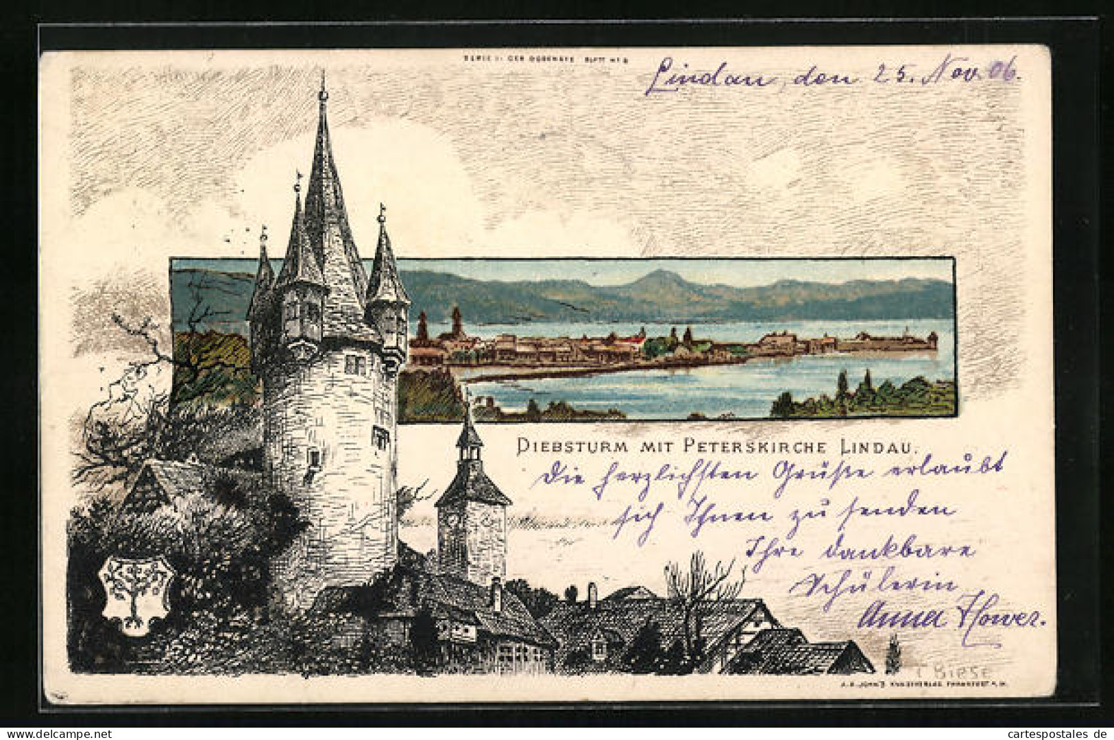 Künstler-Lithographie Carl Biese: Lindau, Diebsturm Mit Peterskirche  - Andere & Zonder Classificatie