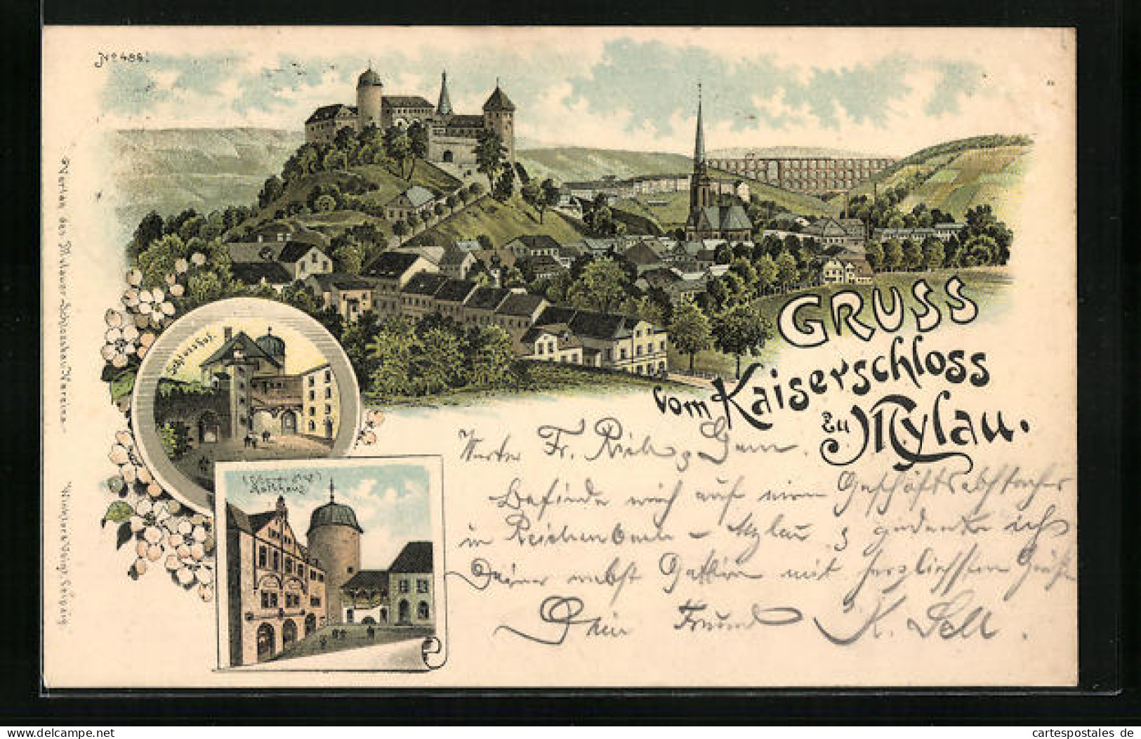 Lithographie Mylau, Kaiserschloss, Schlosshof, Oberer Hof Rathaus  - Mylau