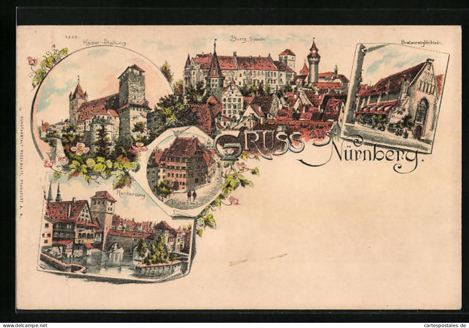 Lithographie Nürnberg, Gasthaus Bratwrustglöcklein, Kaiser-Stallung, Henkersteg  - Nuernberg
