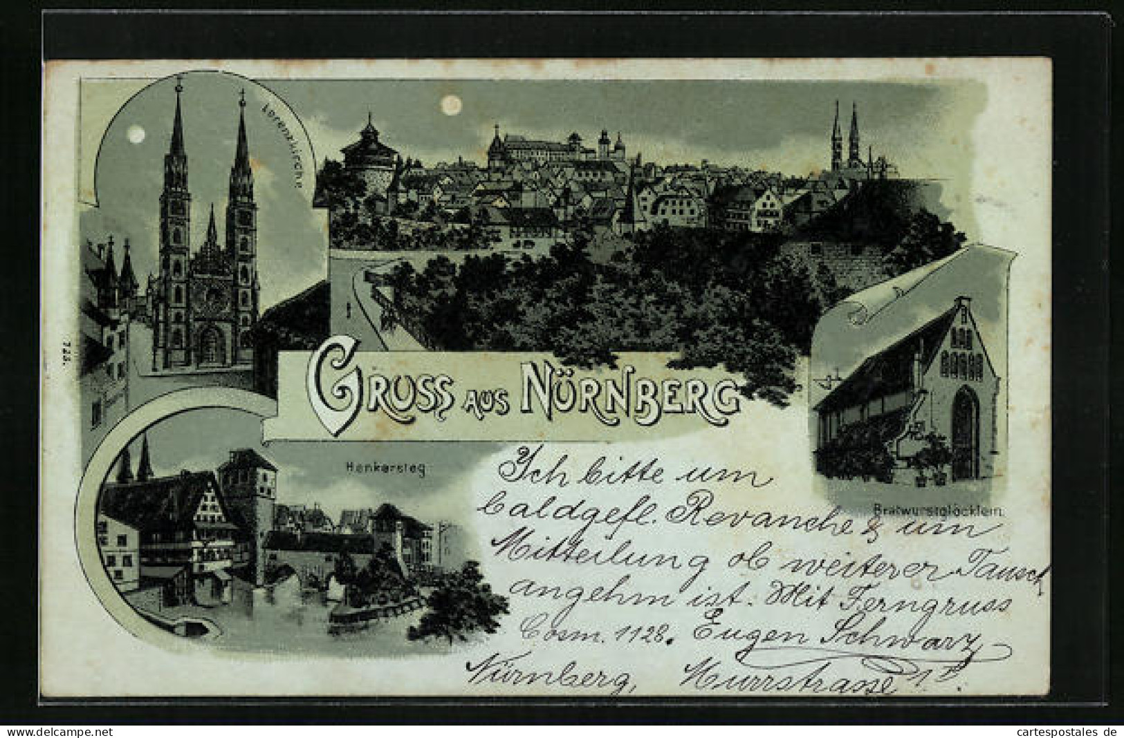 Mondschein-Lithographie Nürnberg, Gasthaus Bratwurstglöcklein, Lorenzkirche, Henkersteg  - Nuernberg