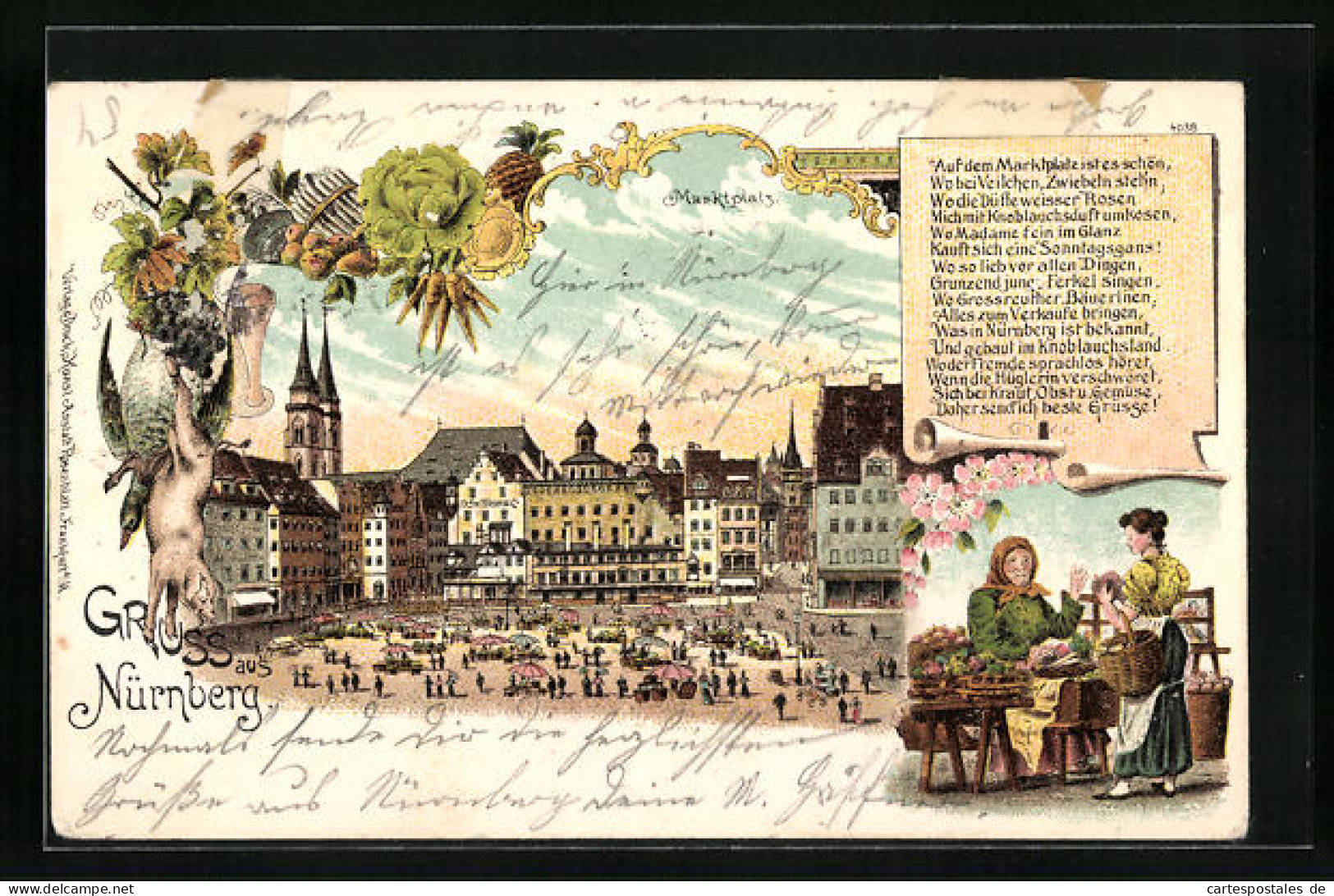 Lithographie Nürnberg, Marktplatz, Frau Am Obststand  - Nuernberg