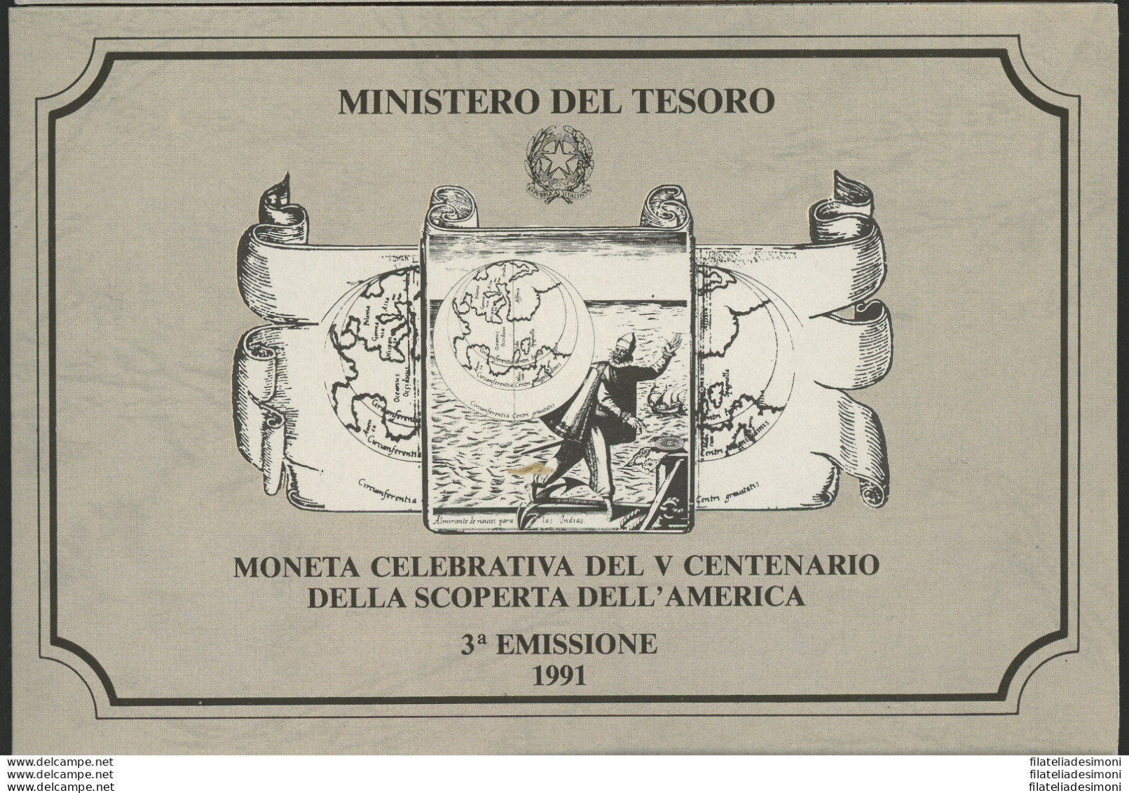 1991 Italia - Repubblica Italiana - 500 Lire Commemorative Scoperta America - 3 Emissione - Cartoncino Ufficiale - FDC - 500 Lire