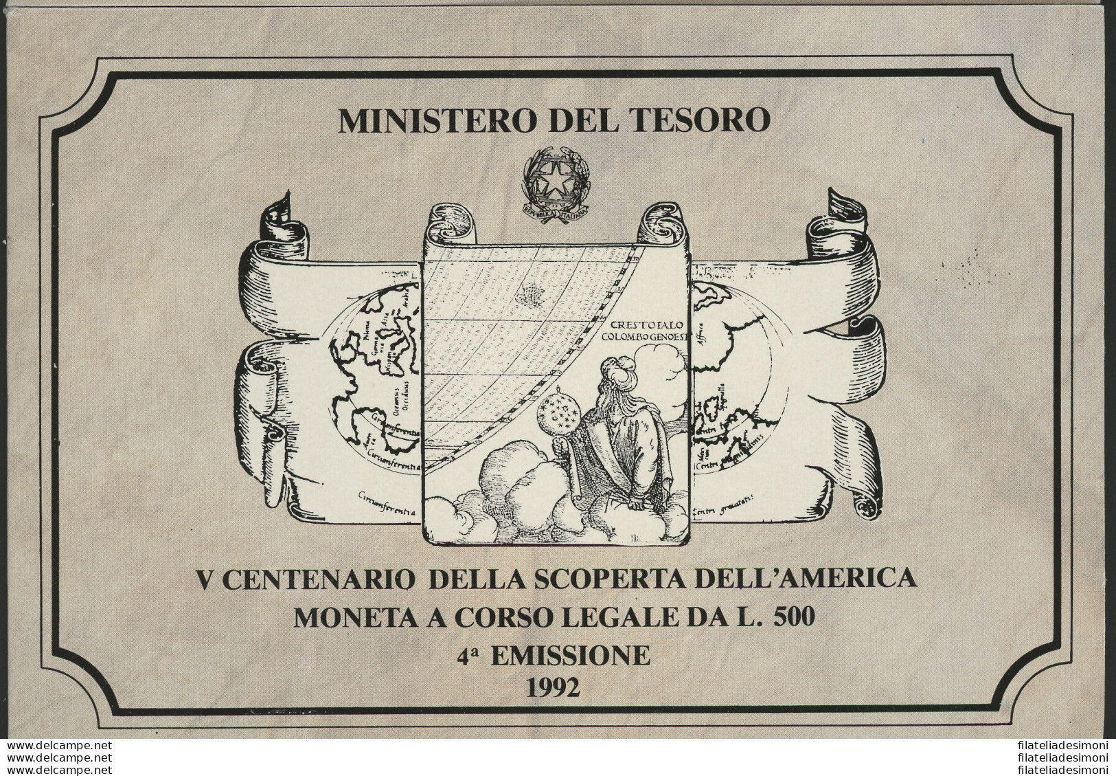 1992 Italia - Repubblica Italiana - 500 Lire Commemorative Scoperta America - 4 Emissione - Cartoncino Ufficiale - FDC - 500 Lire
