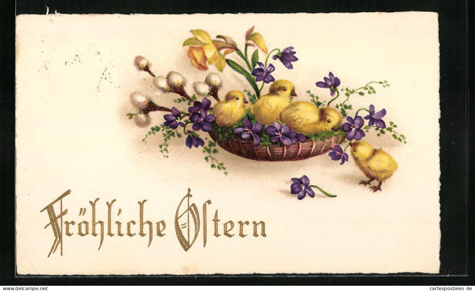 Künstler-AK Fröhliche Ostern, Osterküken Im Körbchen  - Pâques