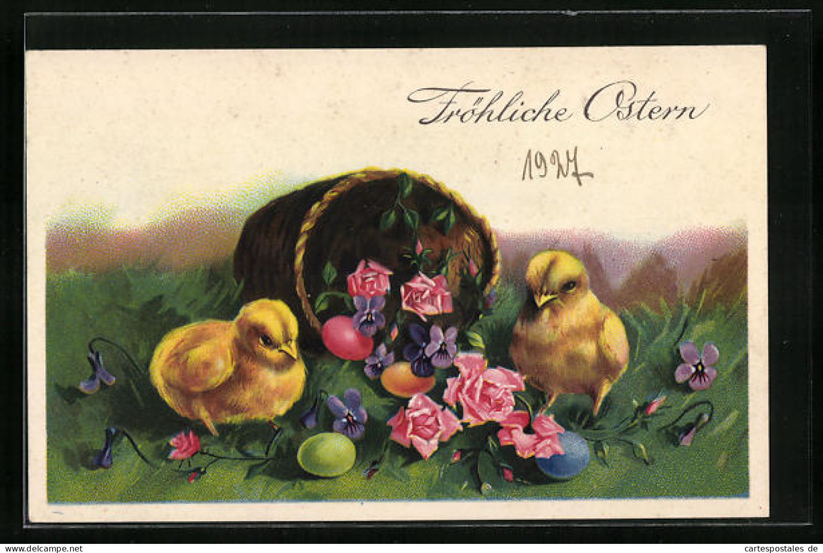 Künstler-AK Fröhliche Ostern, Osterküken Mit Blumen  - Pasen