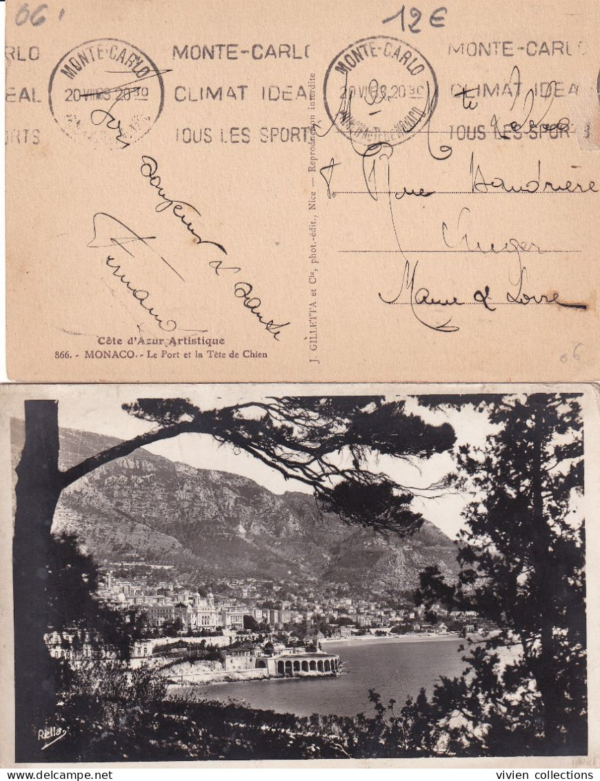 Monaco Monté Carlo Lot De 2 Cartes Dont L'une Affranchie Avec Le Timbre Taxe Surchargé Postes - Postmarks