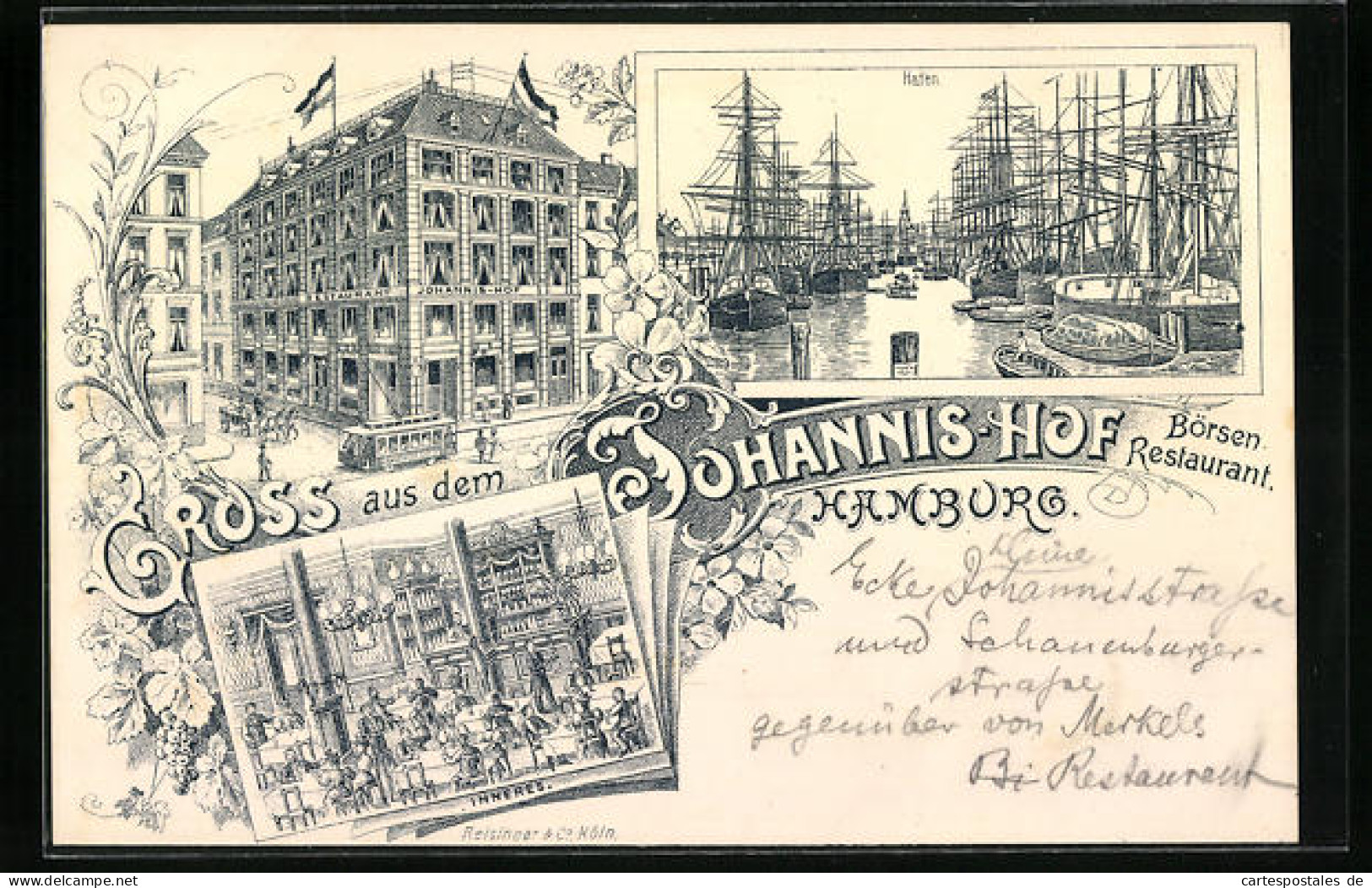 Lithographie Hamburg-Harburg, Börsen-Restaurant Johannis-Hof, Inneres, Hafen  - Harburg