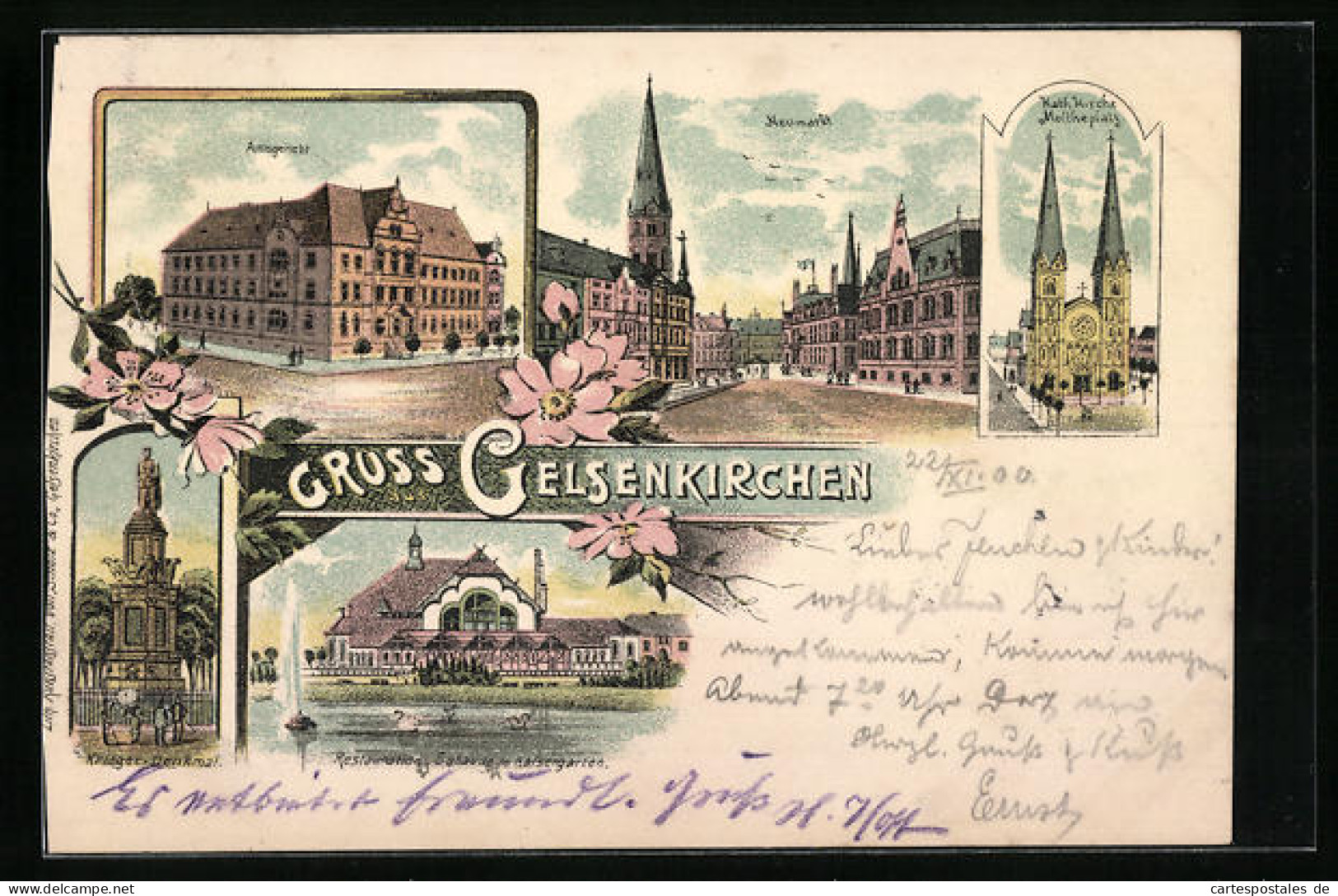 Lithographie Gelsenkirchen, Restaurant Im Kaisergarten, Katholische Kirche Am Moltkeplatz, Krieger-Denkmal  - Gelsenkirchen