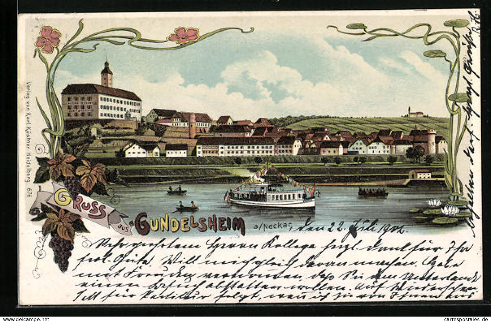 Lithographie Gundelsheim A. Neckar, Uferpartie Mit Boot  - Andere & Zonder Classificatie