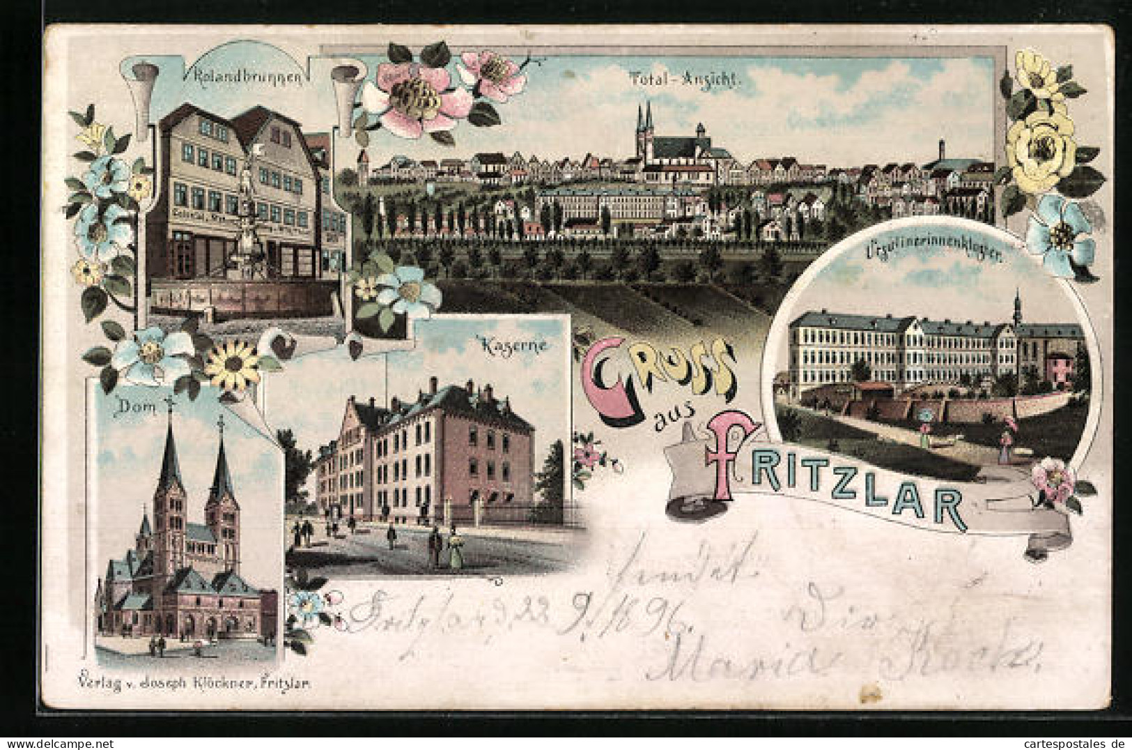 Lithographie Fritzlar, Kolonialwarengeschäft Von Wilh. Thiel Mit Rolandbrunnen, Ursulinerinnenkloster, Kaserne  - Fritzlar