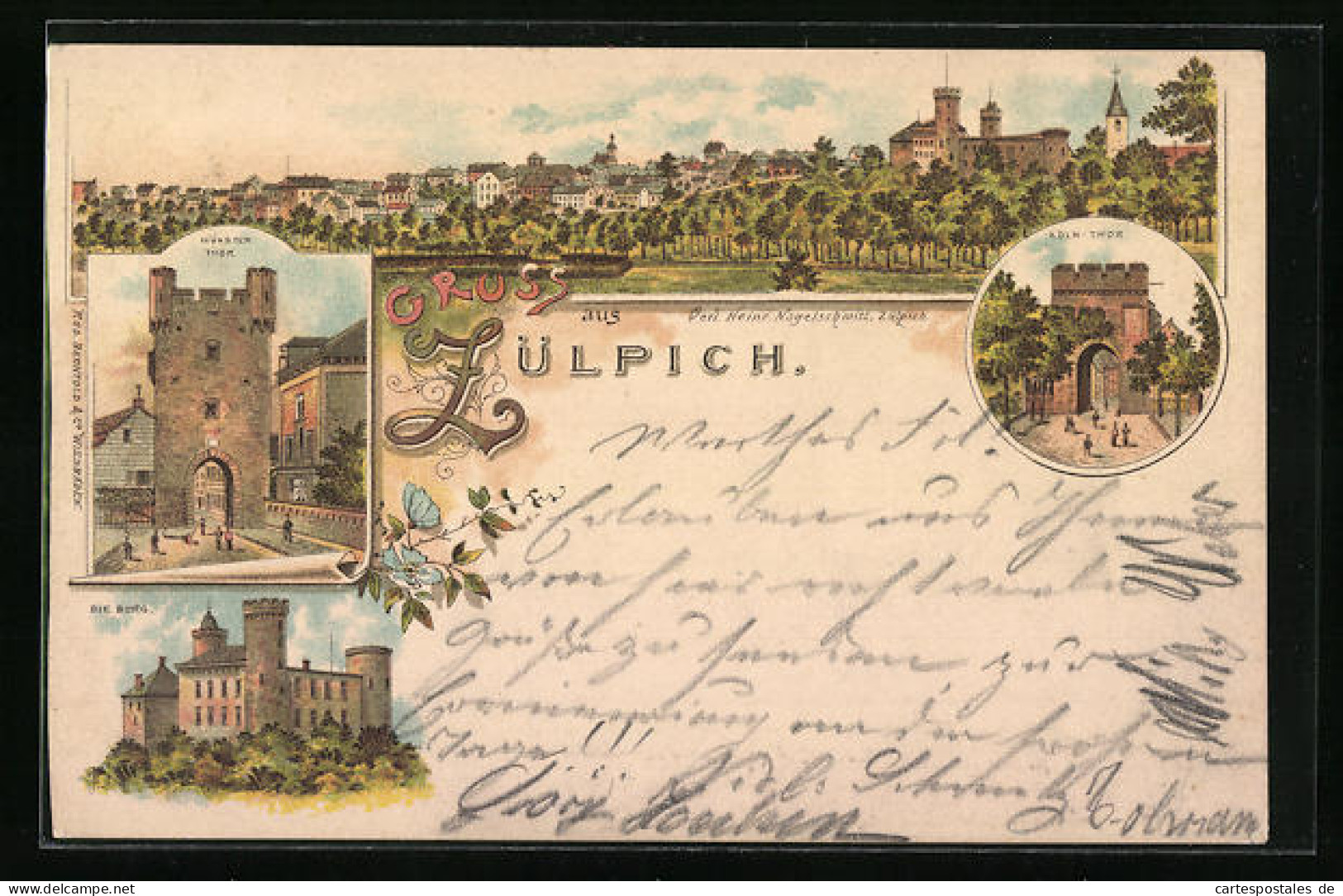 Lithographie Zülpich, Die Burg, Köln-Tor, Münster-Tor  - Zülpich