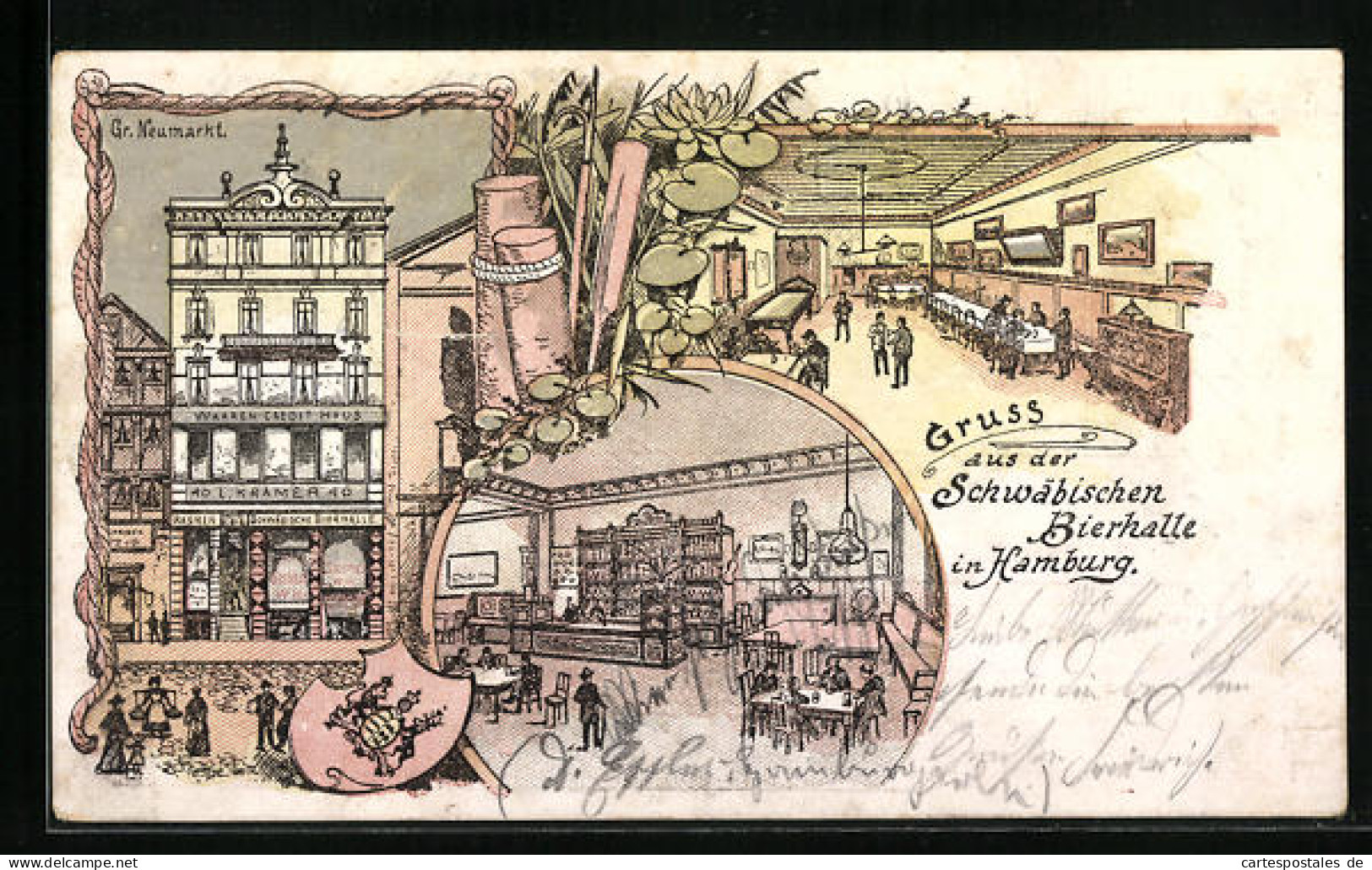 Lithographie Hamburg, Gasthaus Schwäbische Bierhalle Am Gr. Neumarkt  - Mitte