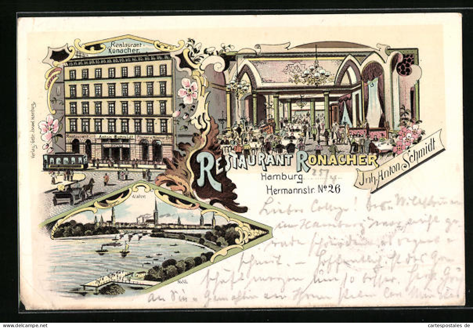 Lithographie Hamburg, Restaurant Ronacher In Der Hermannstrasse (Gebäude, Saal), Alsterpartie  - Mitte