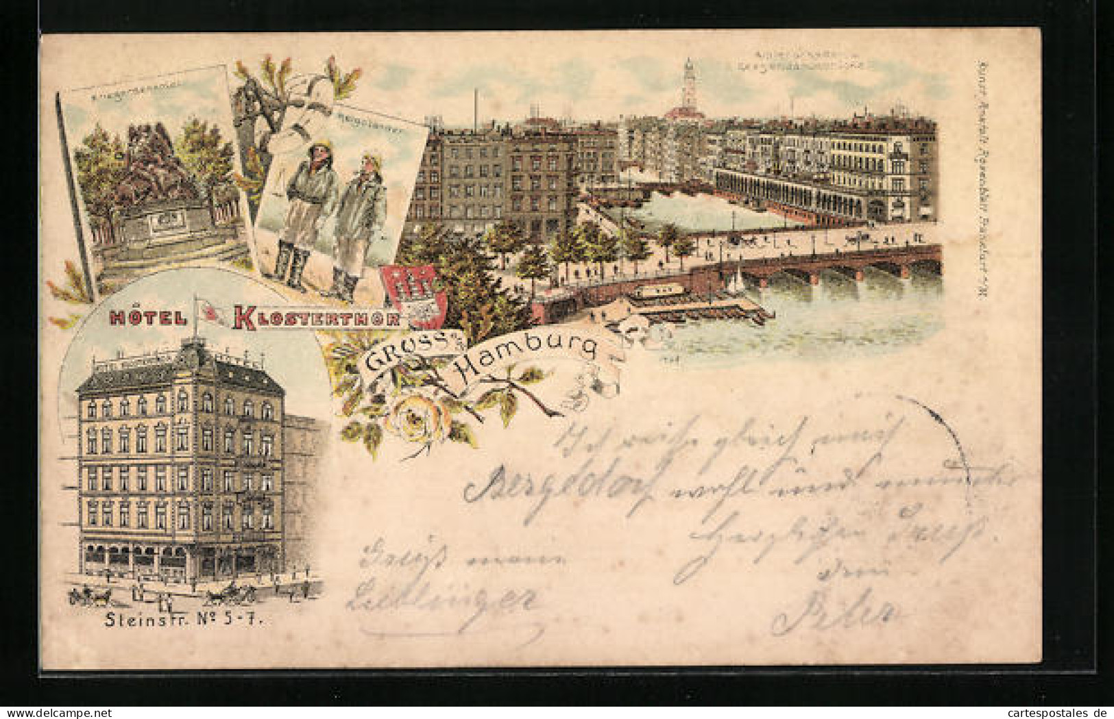 Lithographie Hamburg, Hotel Klosterthor (Gebäude) In Der Steinstrasse, Kriegerdenkmal, Alsterarkaden  - Mitte