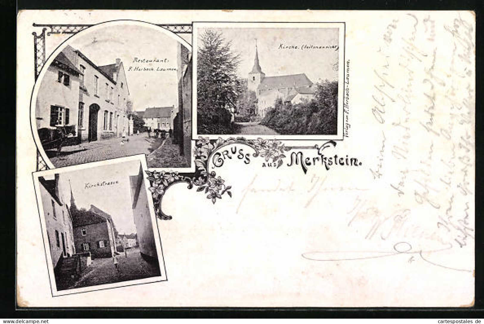 AK Merkstein, Restaurant F. Harbach, Kirche, Kirchstrasse  - Autres & Non Classés