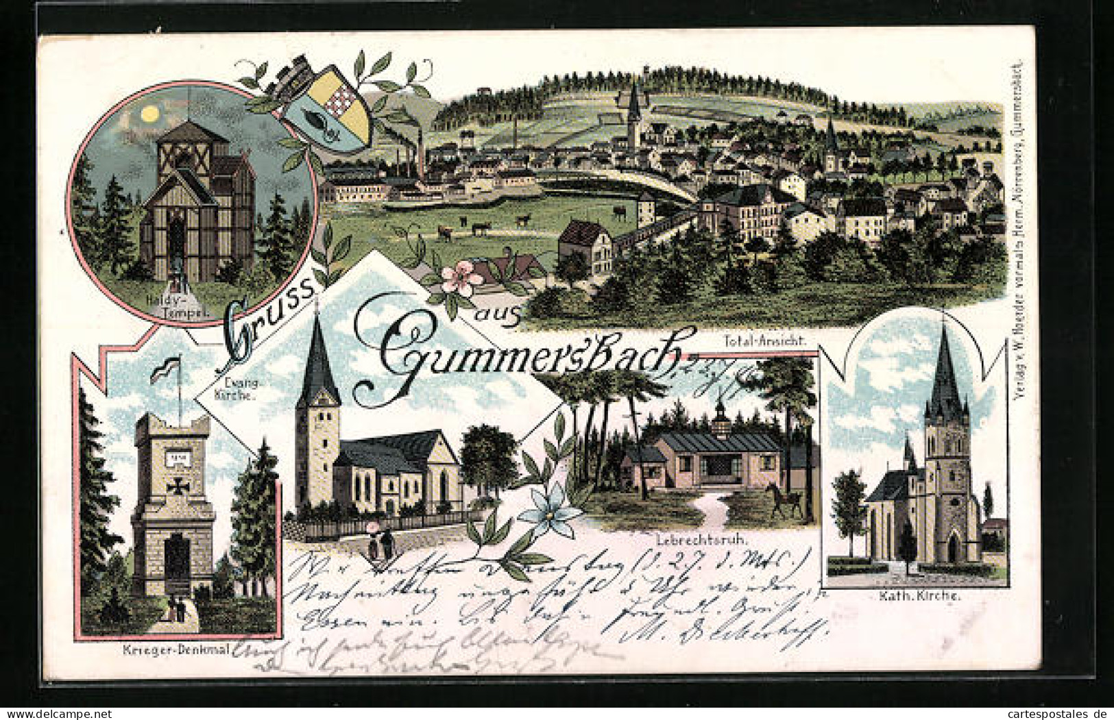 Lithographie Gummersbach, Totalansicht, Haldy-Tempel, Ev. Und Kath. Kirche, Lebrechtsruh  - Gummersbach
