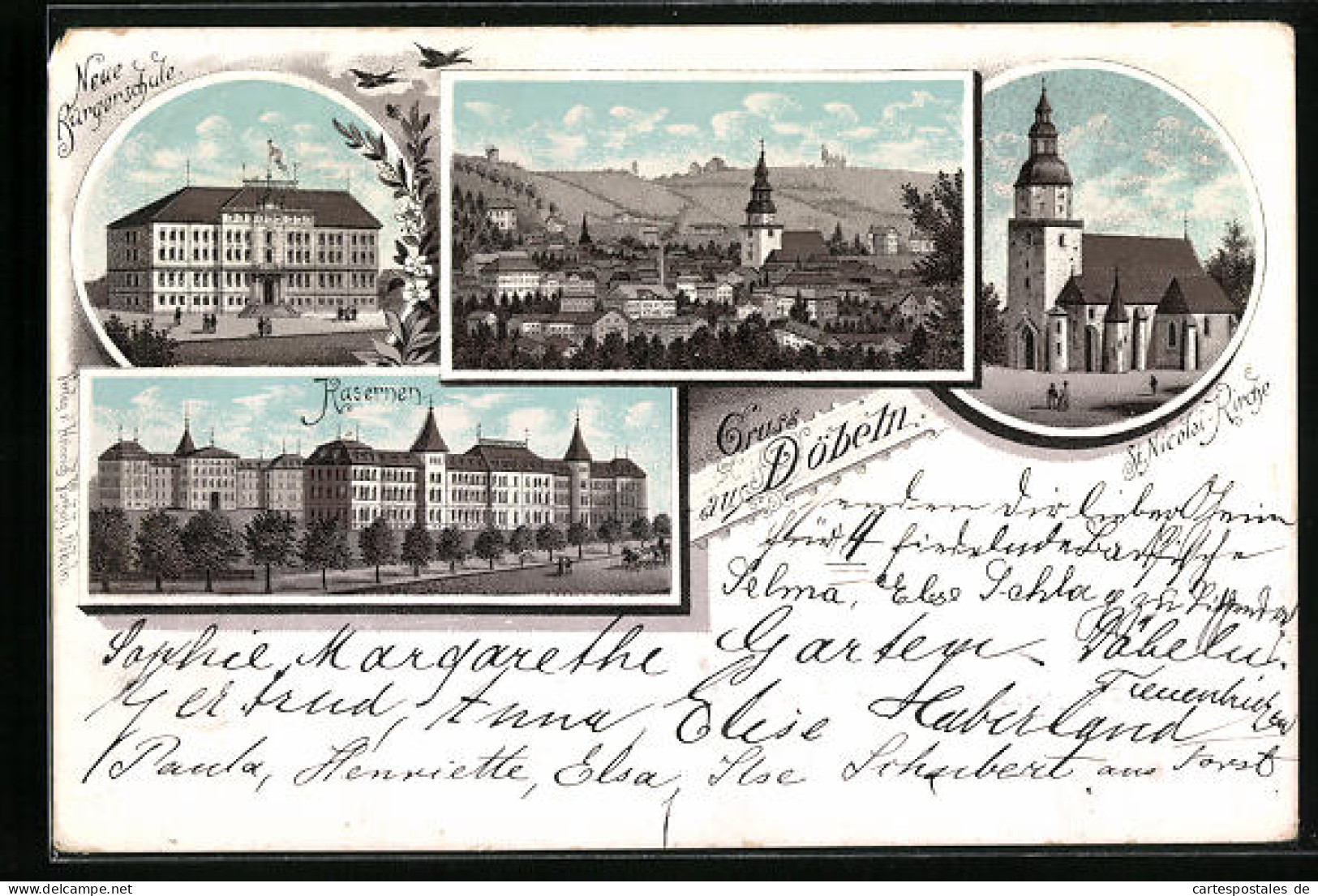 Lithographie Döbeln, Kasernen, St. Nicolai-Kirche  - Doebeln