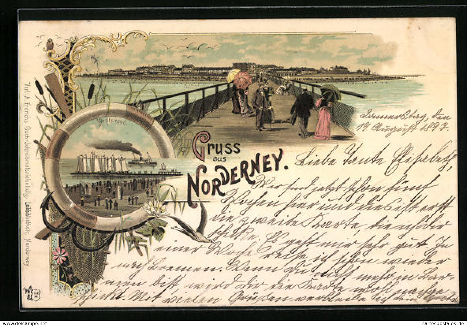 Lithographie Norderney, Blick Von Der Seebrücke Zum Ort, Am Weststrand  - Norderney
