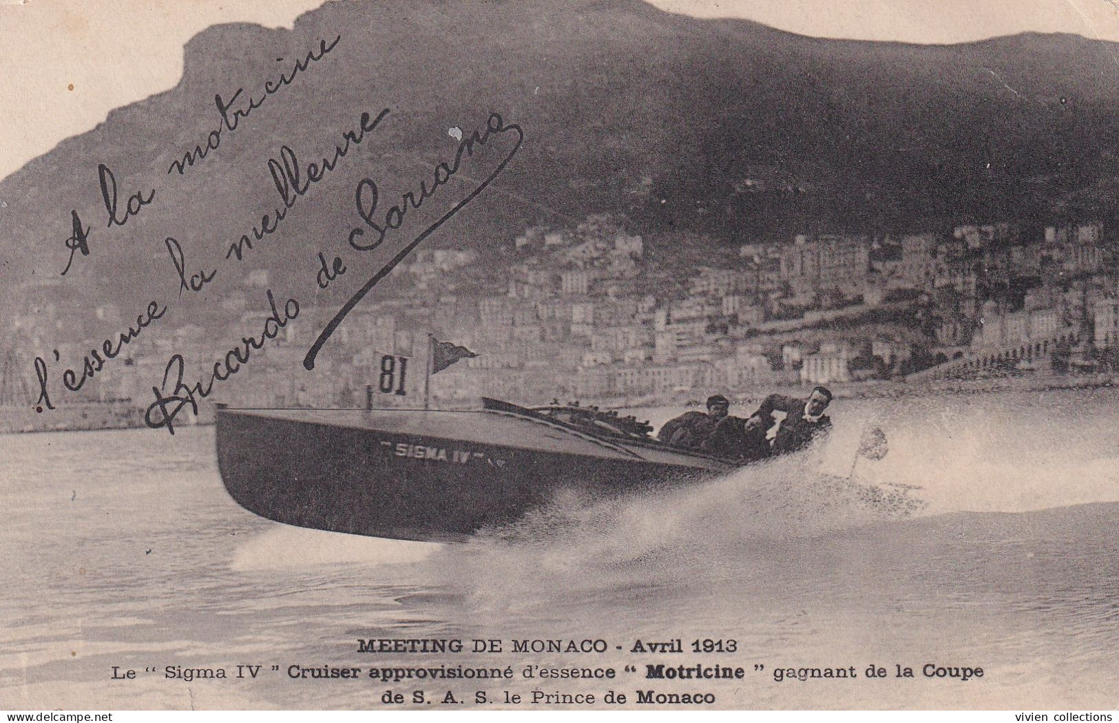 Monaco - Monte Carlo - Meeting 1913 Le Bateau Sigma IV Gagnant De La Coupe Du Prince - Publicité Essence Motricine - Monte-Carlo