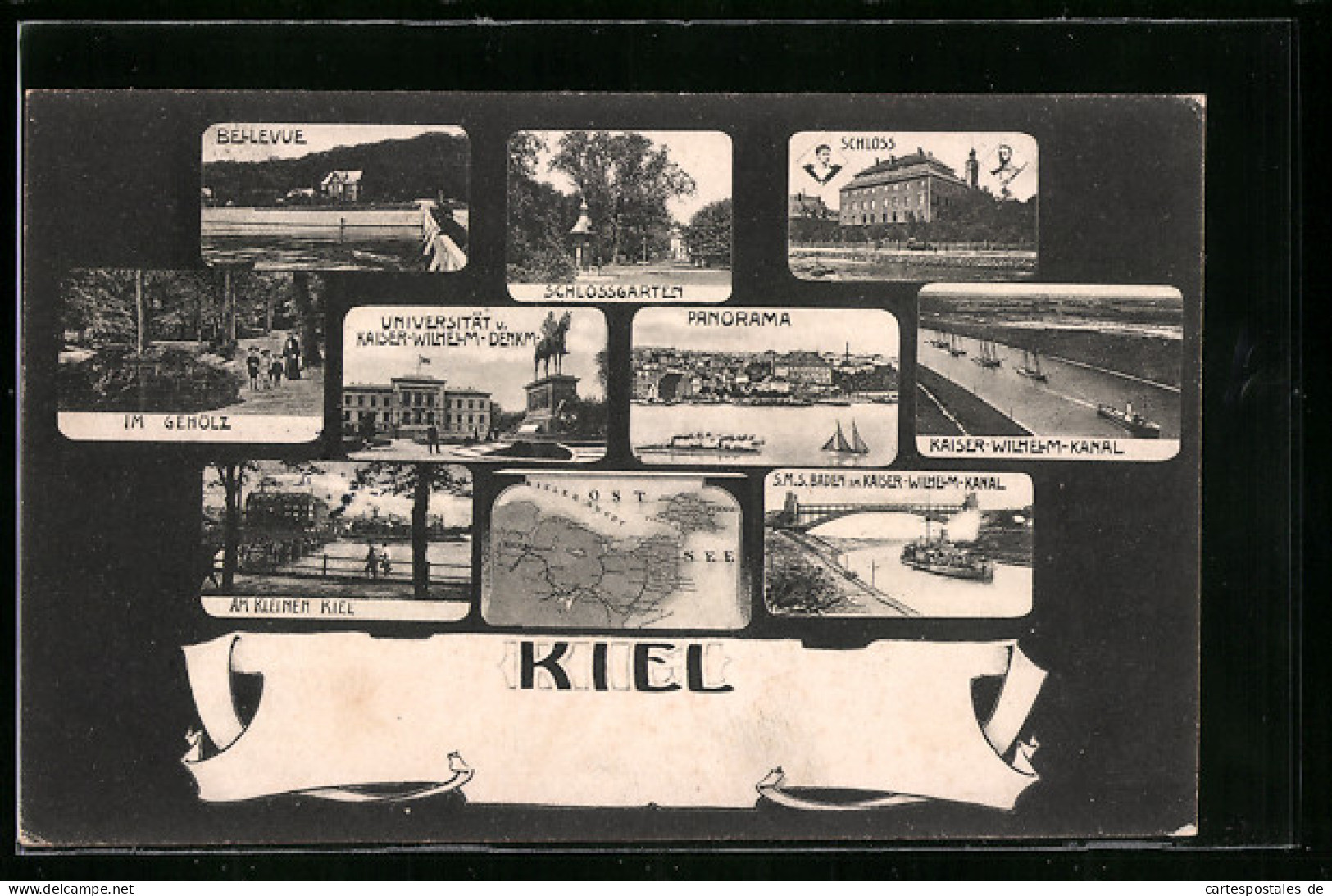 AK Kiel, Bellevue, Schlossgarten, Kaiser-Wilhelm-Kanal, Universität Und Kaiser-Wilhelm-Denkmal  - Kiel