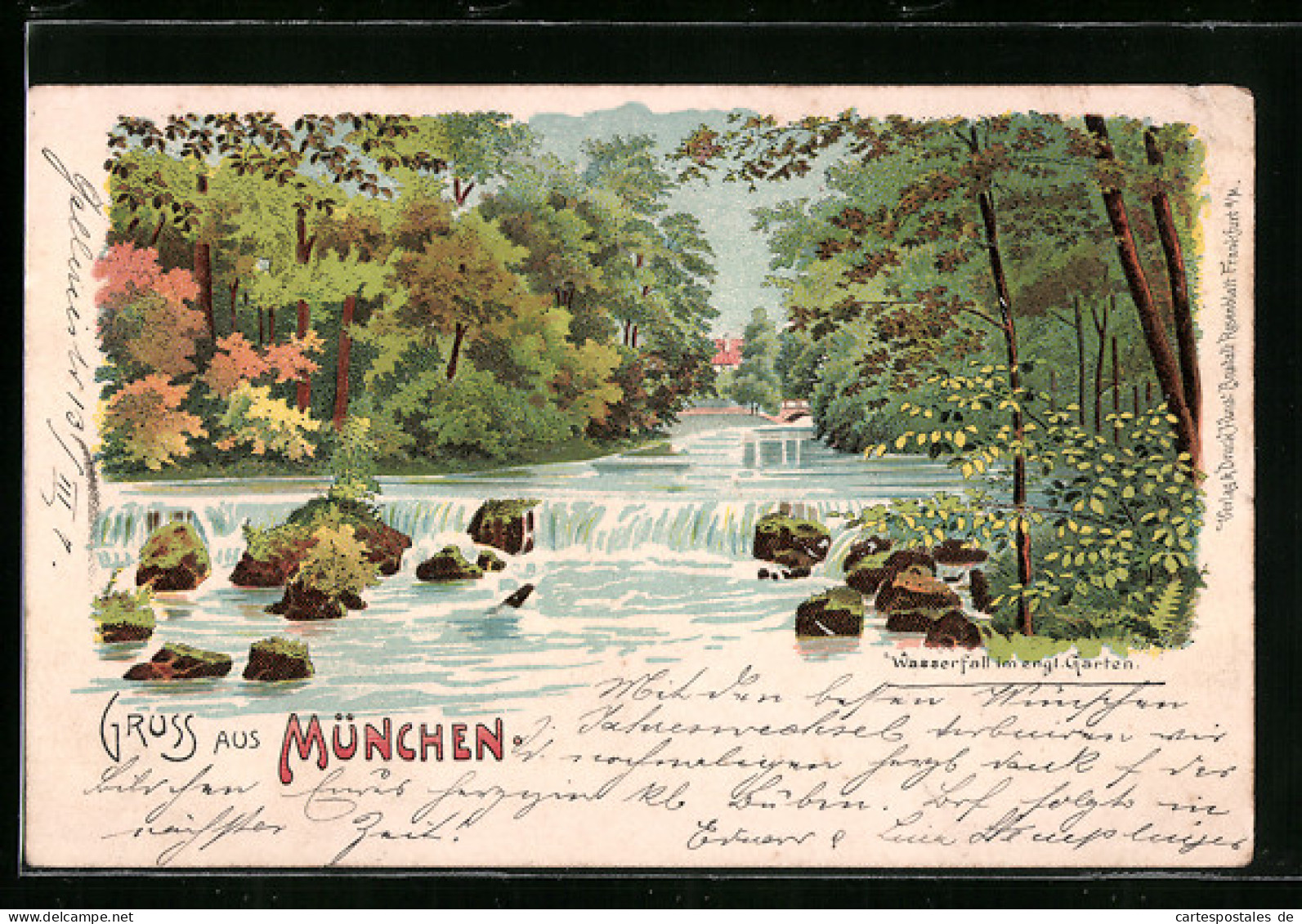 Lithographie München-Schwabing, Wasserfall Im Englischen Garten  - München