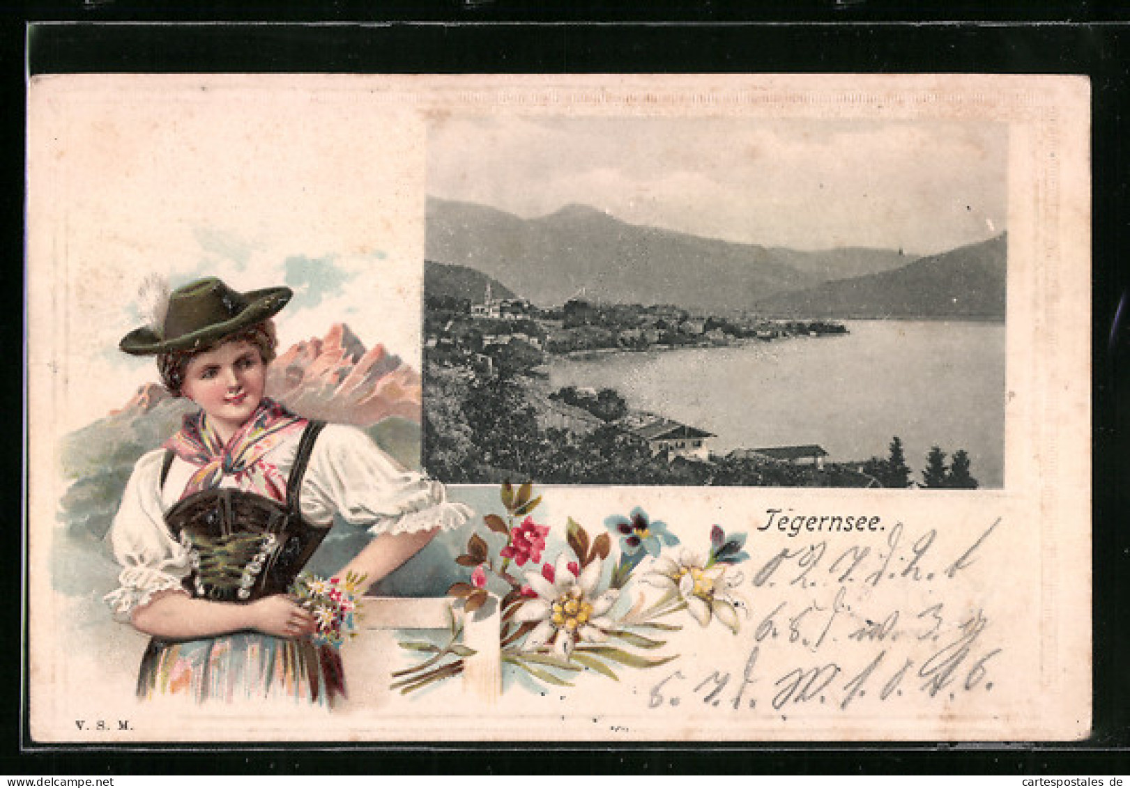Passepartout-Lithographie Tegernsee, Totalansicht, Maid In Tracht  - Andere & Zonder Classificatie