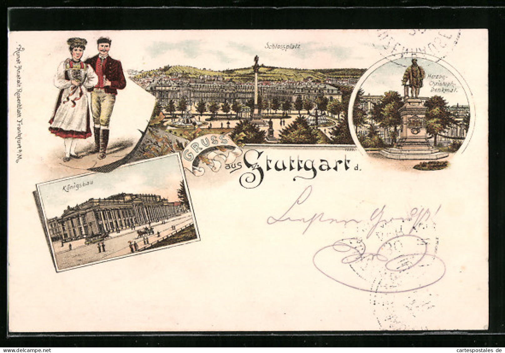 Lithographie Stuttgart, Schlossplatz, Herzog Christoph-Denkmal Und Königsbau  - Stuttgart