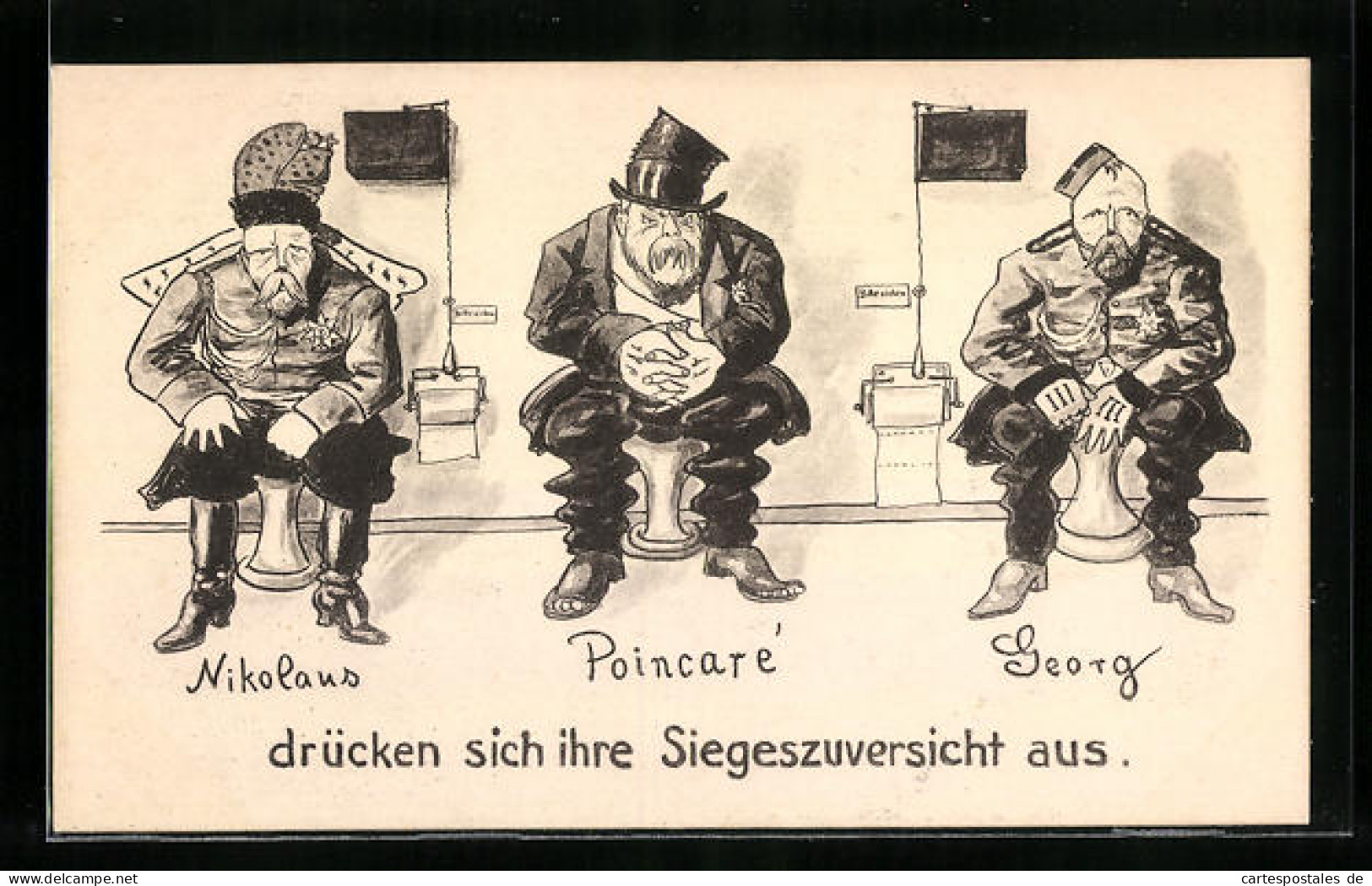 Künstler-AK Nikolaus II. Von Russland Mit Poincare Und Georg Auf Der Toilette, Propaganda 1. Weltkrieg  - War 1914-18