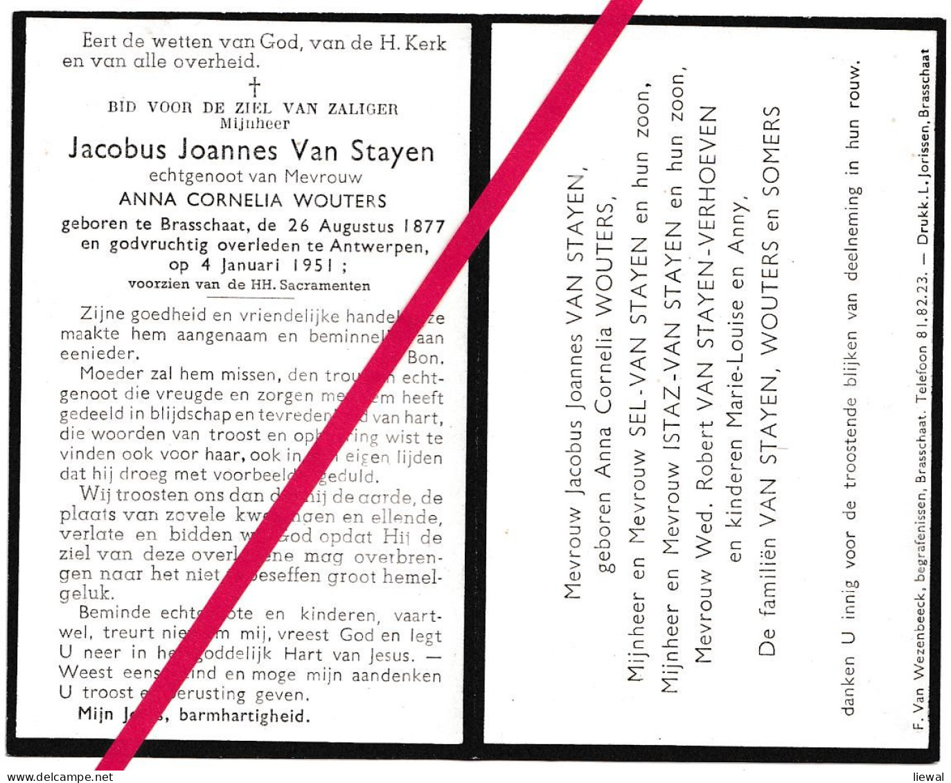 Brasschaat 1877. Van Stayen Jacobus Joannes. †04-01-1951. Wouters Anna Cornelia. - Avvisi Di Necrologio