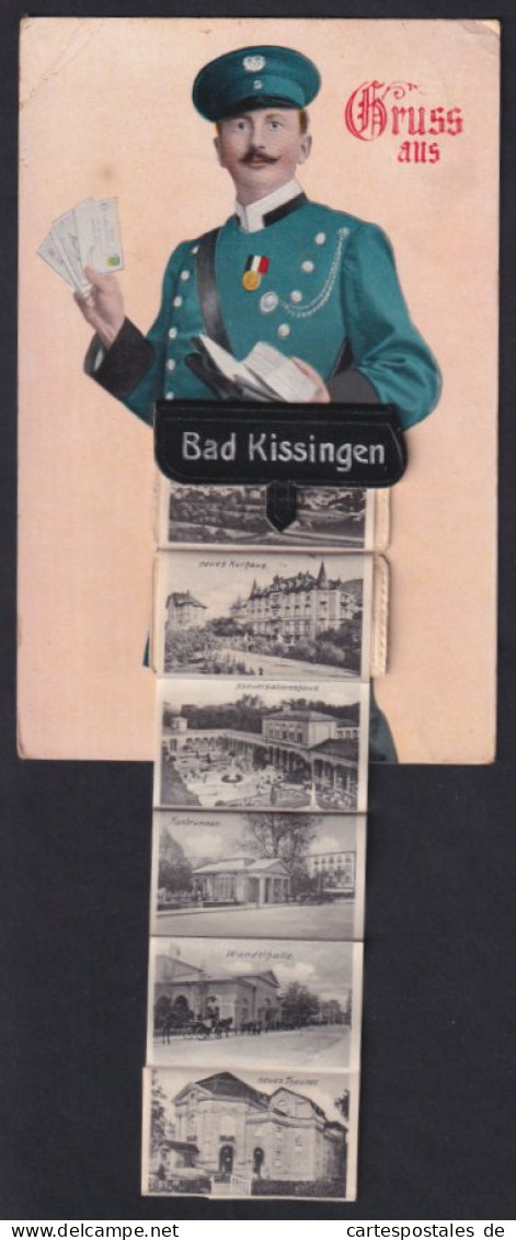 Leporello-AK Bad Kissingen, Briefträger Mit Ansichten In Der Posttasche, Maxbrunnen, Wandelhalle, Neues Theater  - Postal Services