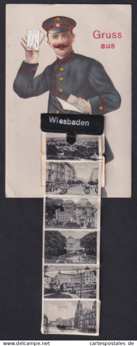 Leporello-AK Wiesbaden, Briefträger Mit Ansichten In Der Posttasche, Taunusstrasse, Neues Kurhaus, Schlossplatz  - Correos & Carteros