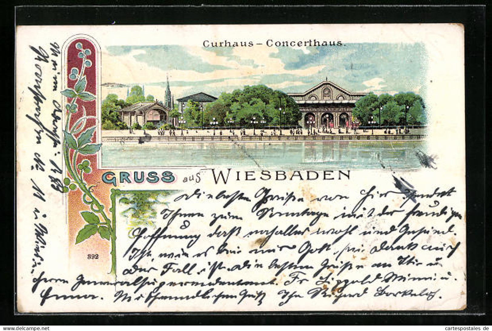 Lithographie Wiesbaden, Curhaus-Concerthaus Mit Gruss  - Wiesbaden
