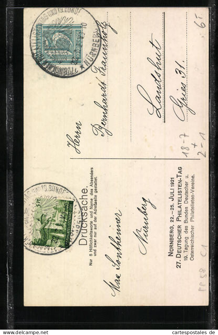 Künstler-AK Nürnberg, 27. Deutscher Philatelisten-Tag 22.-25.07.1921, Postkutsche, Briefmarke, Ganzsache  - Stamps (pictures)