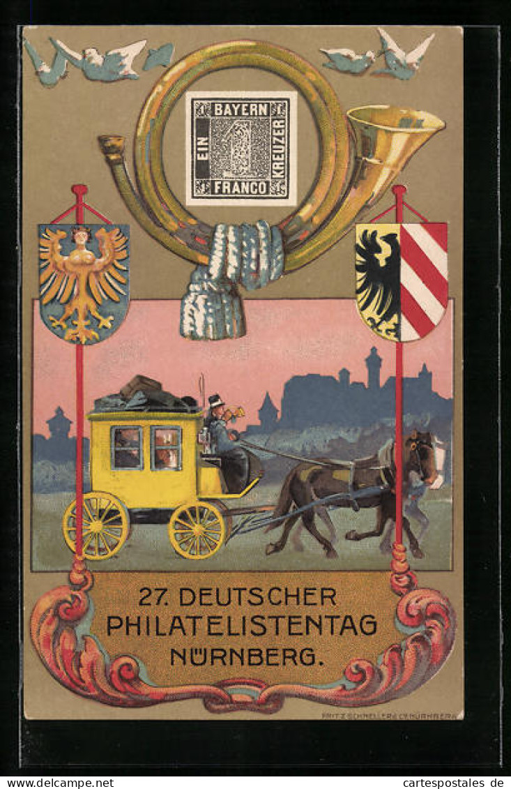 Künstler-AK Nürnberg, 27. Deutscher Philatelisten-Tag 22.-25.07.1921, Ganzsache  - Timbres (représentations)