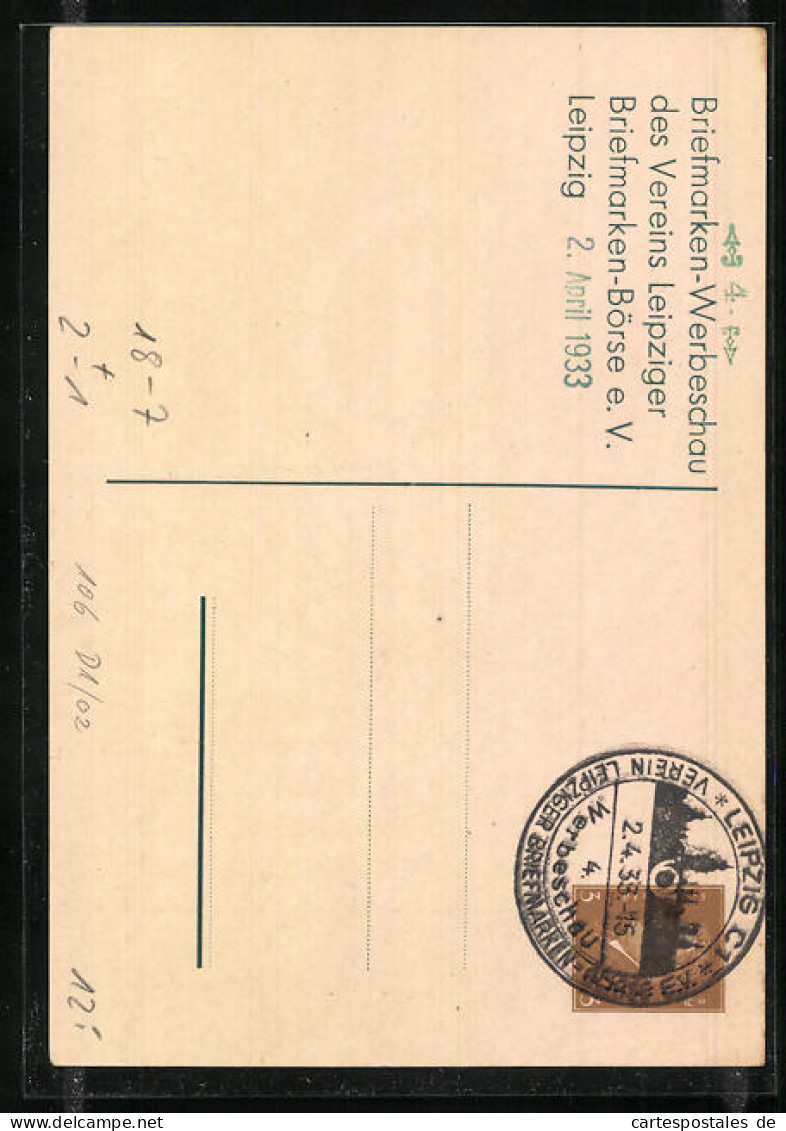 AK Leipzig, Briefmarken-Werbeschau Des Vereins Leipziger Briefmarken-Börse 1933, Ganzsache  - Timbres (représentations)