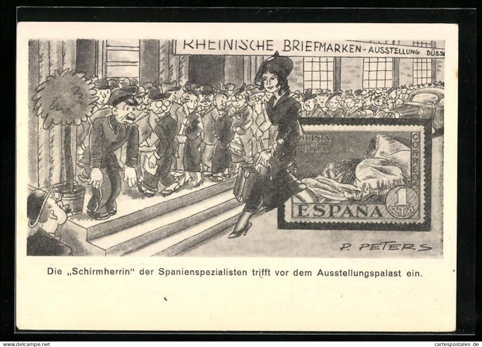 Künstler-AK Düsseldorf, Rheinische Briefmarken-Ausstellung 1936, Die Schirmherrin Trifft Ein, Ganzsache  - Briefmarken (Abbildungen)