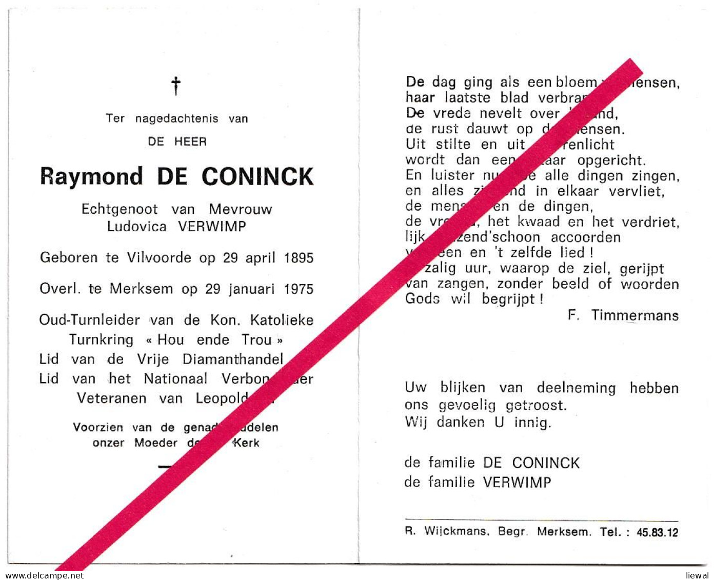 Merksem. Raymond De Coninck. °1895 - †1975. Turnkring 'Hou Ende Trou'. Vilvoorde - Décès