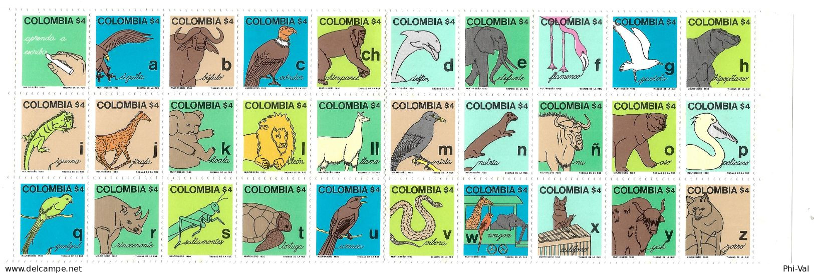 (LOT383) Colombia Stamps. Complete Alphabet Series, Animals. 1980. VF MNH - Colombie