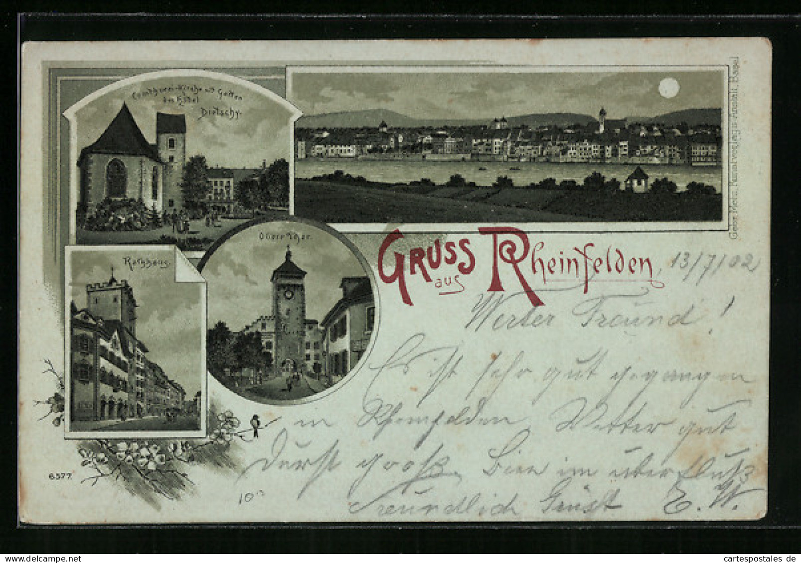 Mondschein-Lithographie Rheinfelden, Rathaus, Oberes Thor, Garten Des Hotel Dietschy  - Rheinfelden
