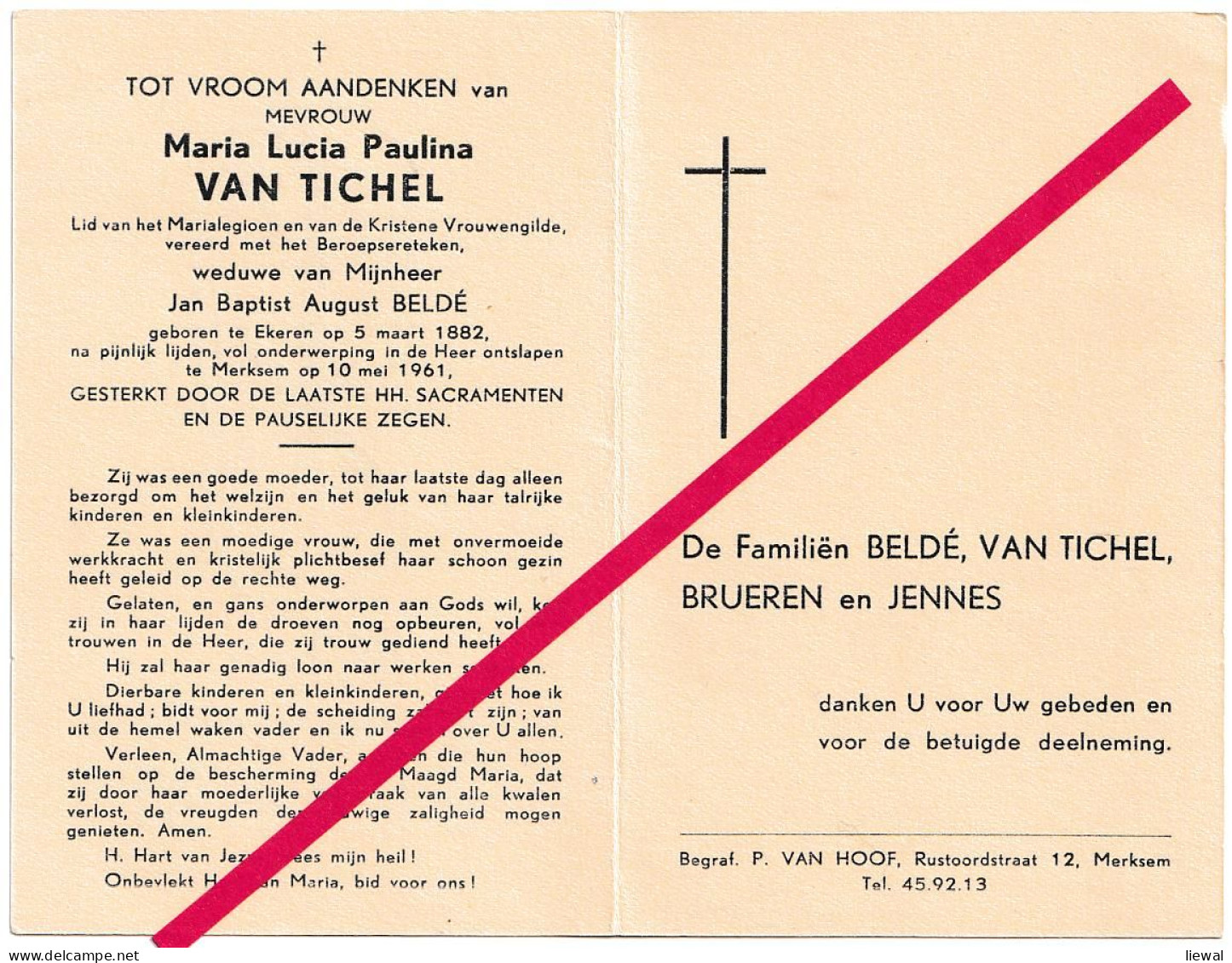 Merksem. Van Tichel Maria Lucia. °1882 - †1961. Beldé, Van Tichel, Brueren, Jennes. Ekeren - Décès