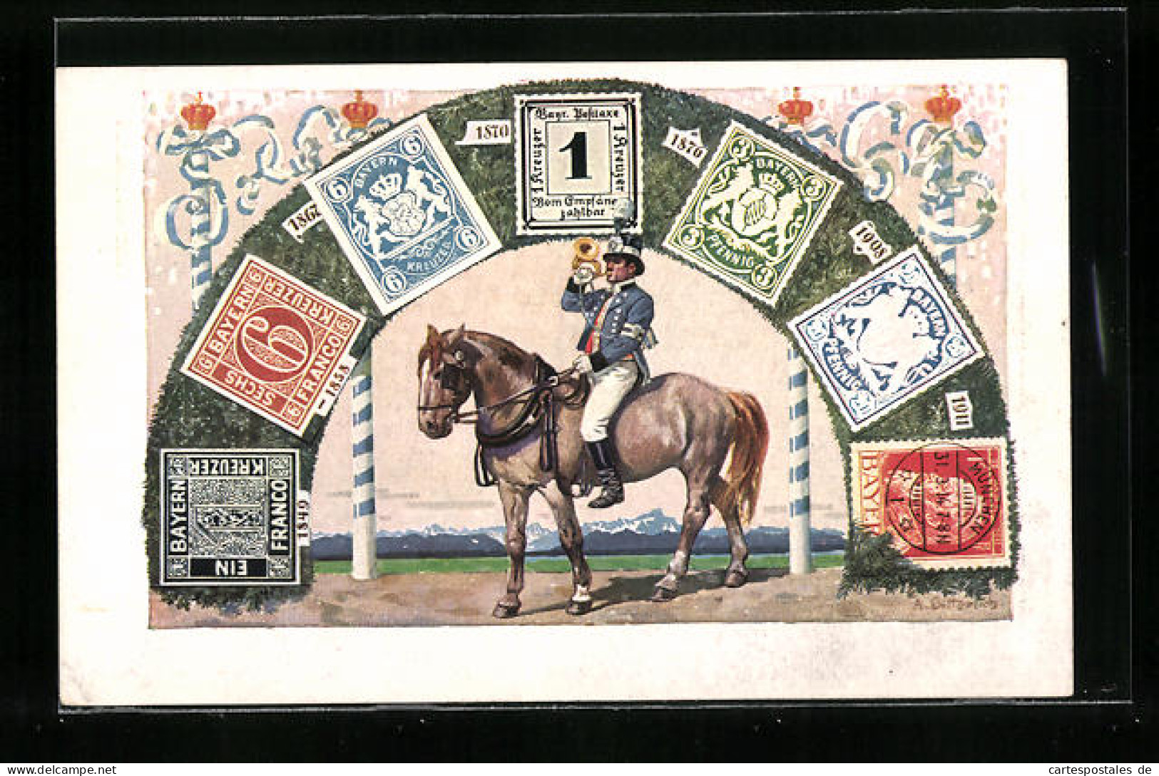 Künstler-AK München, Postbote Zu Pferde, Briefmarken Von Bayern, Ganzsache Bayern, König Ludwig III.  - Königshäuser