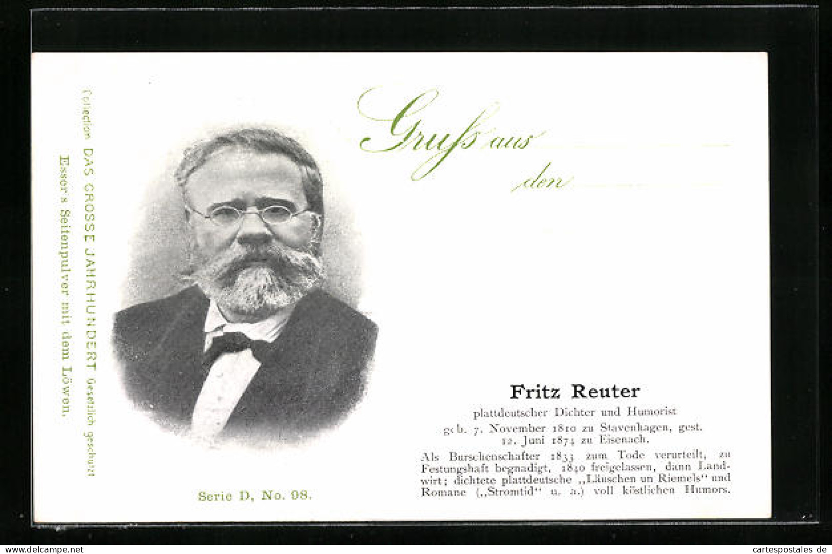 AK Portrait Fritz Reuter, Plattdeutscher Dichter Und Humorist  - Ecrivains