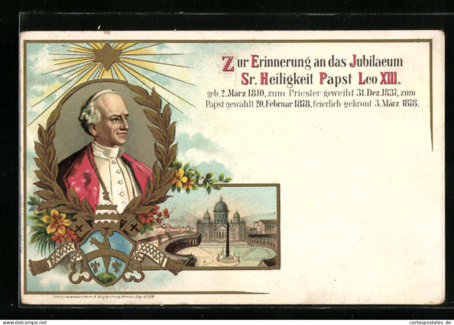 Lithographie Konterfei Papst Leo XIII., Petersplatz Mit Dom In Der Vatikanstadt  - Päpste