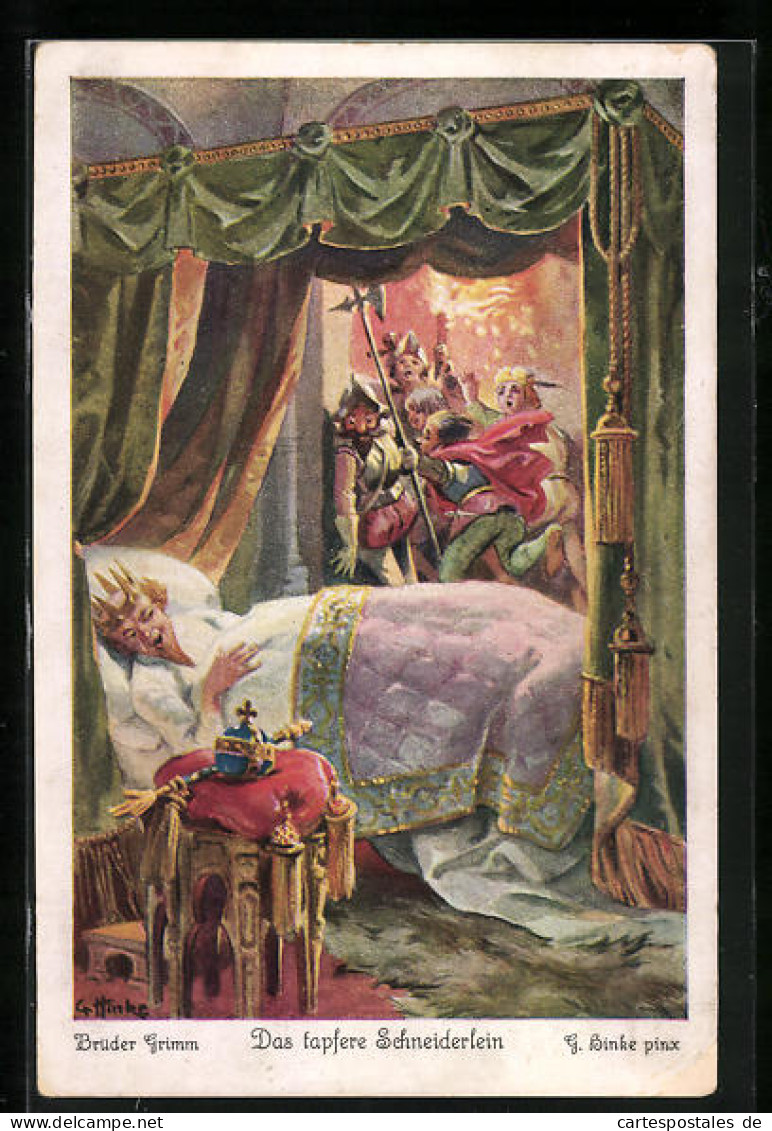 Künstler-AK Sign. G. Hinke: Märchen Brüder Grimm, Das Tapfere Schneiderlein, König Im Bett  - Fairy Tales, Popular Stories & Legends