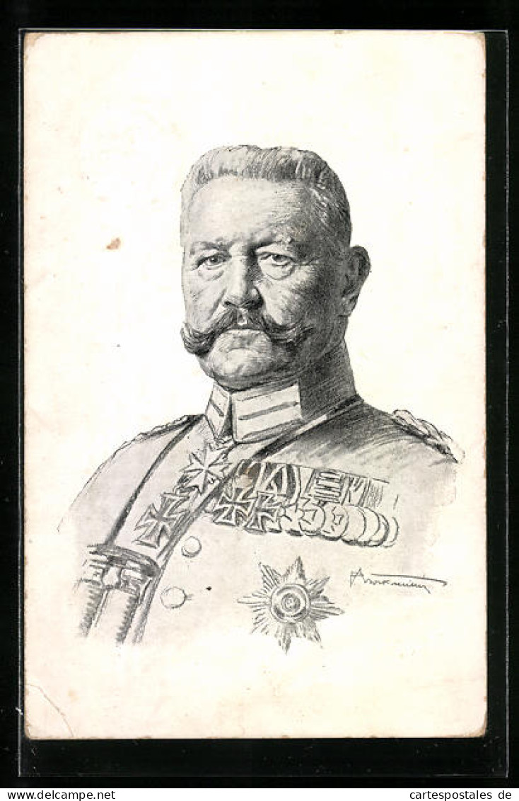 Künstler-AK Portrait Paul Von Hindenburg Mit Ordensspange Und Fernglas  - Personnages Historiques