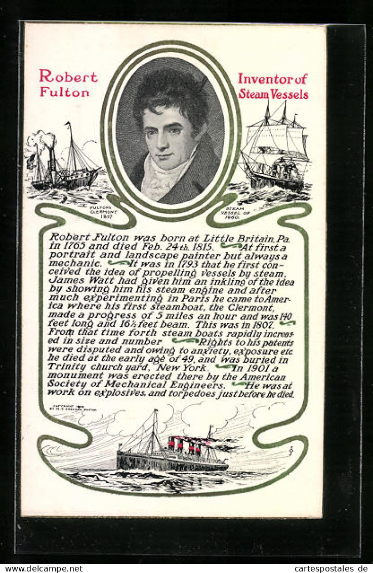 Künstler-AK Portrait Robert Fulton, Inventor Of Steam Vessels  - Personnages Historiques