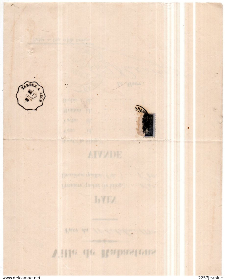 Rabastens De Bigorre  Taxe Du 11 Octobre 1880 Sur Le Pain Et La Viande ( Cachet Ferrovière Au Dos Tarbes Auch ) - Decreti & Leggi