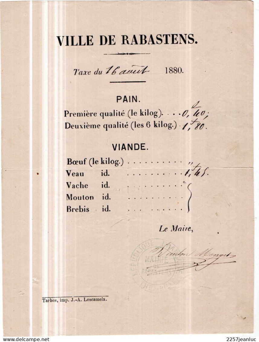 Rabastens De Bigorre  Taxe Du 16 Aout  1880 Sur Le Pain Et La Viande Avec Cachet Mairie - Décrets & Lois